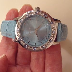 Blue White Austrian Crystals Blue Watch Vegan Leather Strap Brand New